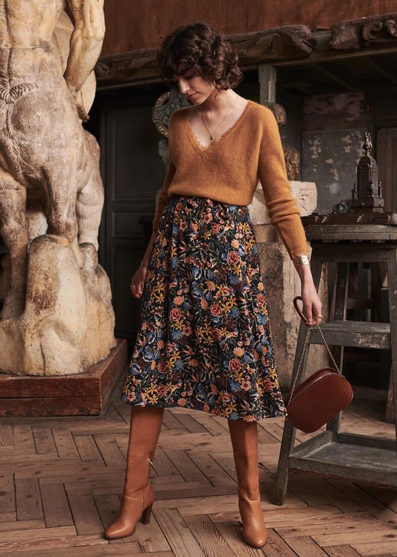 sweater + dark floral skirt + boots | Fashion, Boho fall outfits .