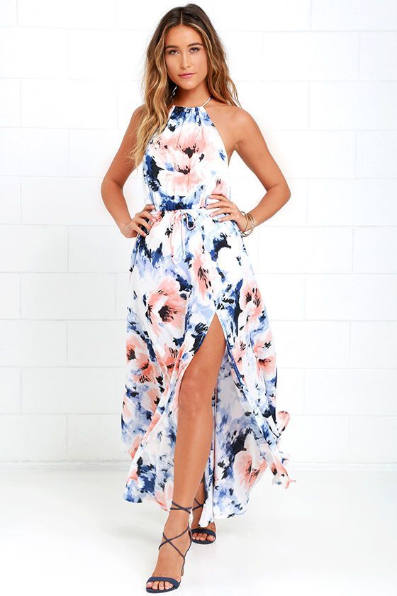 At Long Last Peach and Blue Floral Print Maxi Dress | Floral dress .