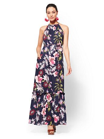 Navy Floral Halter Maxi Dress - New York & Company in 2020 | Navy .