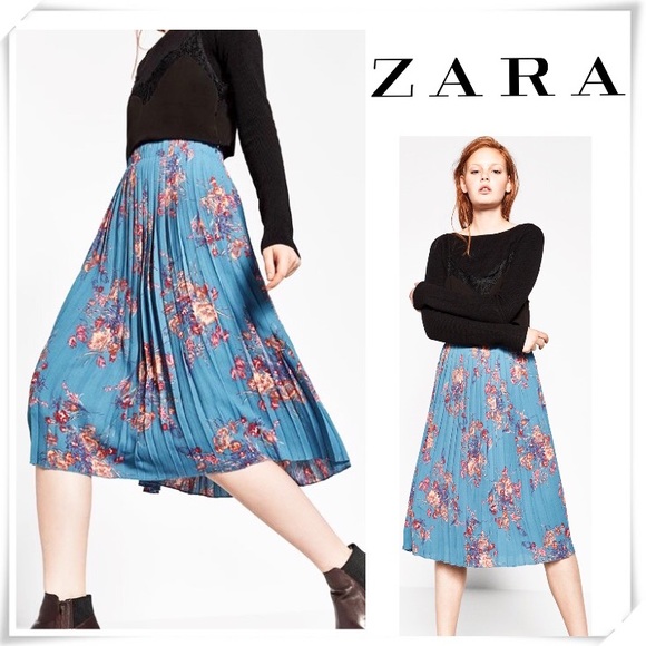 Zara Skirts | Pleated Floral Skirt Light Blue | Poshma