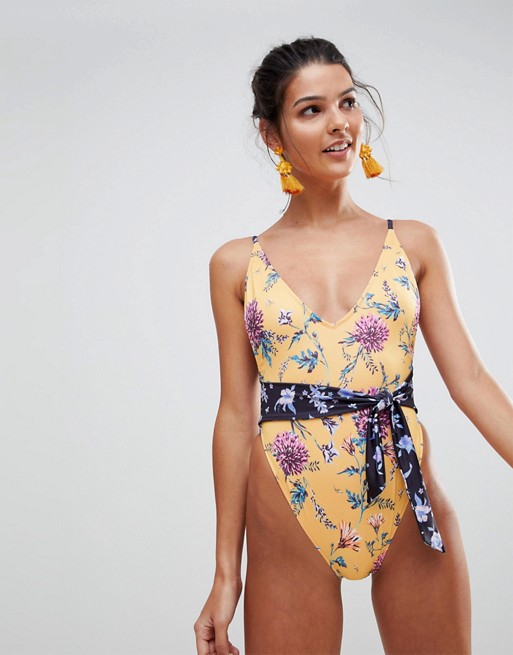 River Island Tie Front Mixed Floral Print Swimsuit | AS