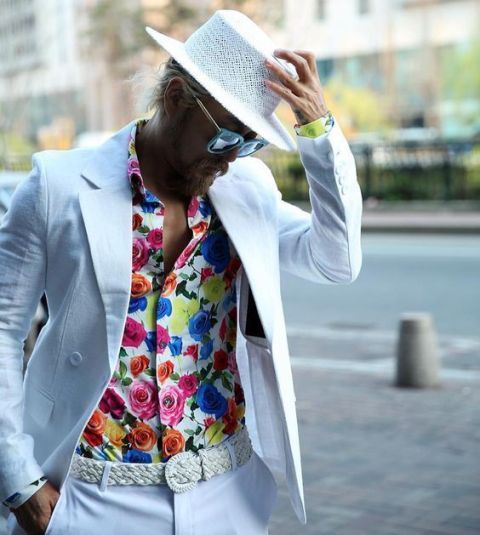 With white suit, white hat and unique belt | Floral shirt outfit .