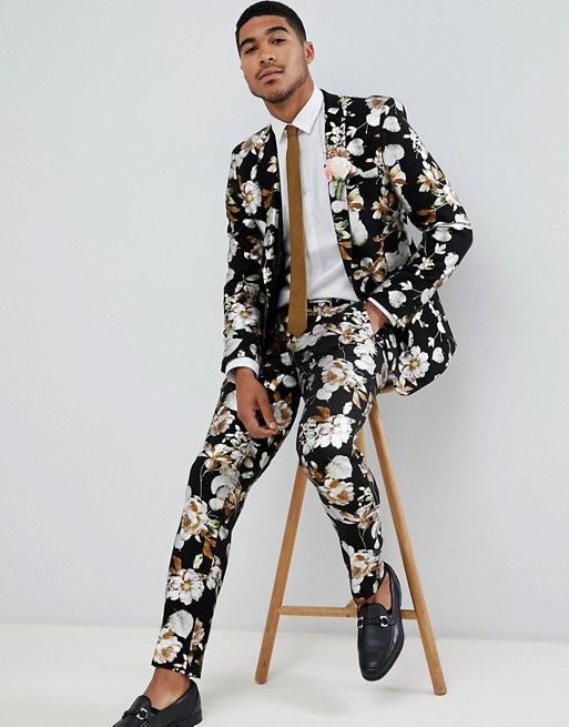 ASOS DESIGN wedding skinny suit jacket in black foil floral print .