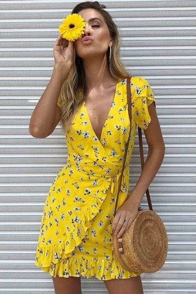 New beautiful V neck yellow summer floral ruffle mini wrap dress .