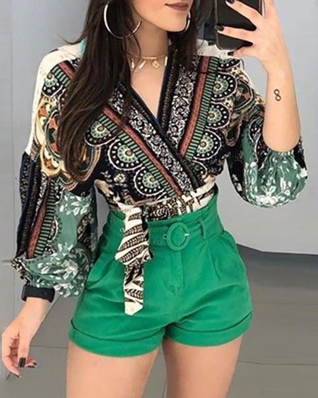 Floral Print Knot Waist Wrapped Blouse in 2020 | Casual shirt .