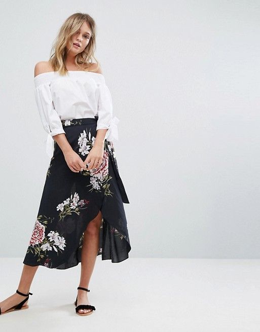 Summer to Fall Outfit Ideas - Black floral midi wrap skirt .