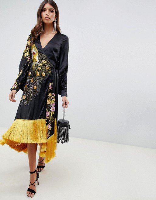 ASOS DESIGN kimono midi dress with fringe in embroidered satin .