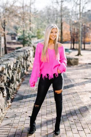 Chunky V Fringe Sweater-Hot Pink | Hot pink sweater outfit, Hot .