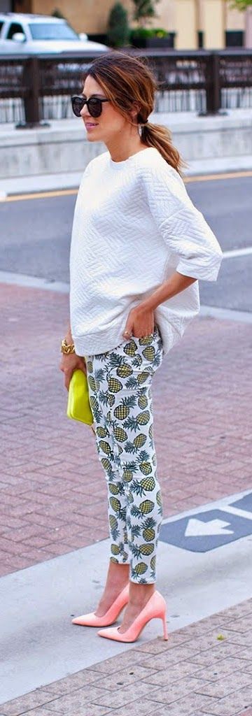 Stlye Me Hip: Pineapple Print Pant with White Top and Coral Pink .