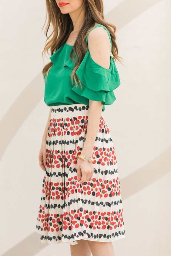 kelly green cold shoulder top with berry fruit print skirt | Fruit .