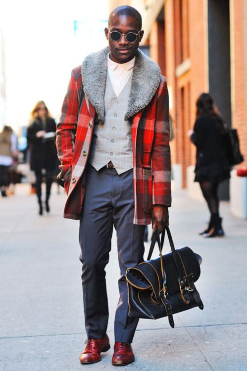 Red Plaid Coat with Faux Fur Collar, Leather Man Bag, Gray Vest .