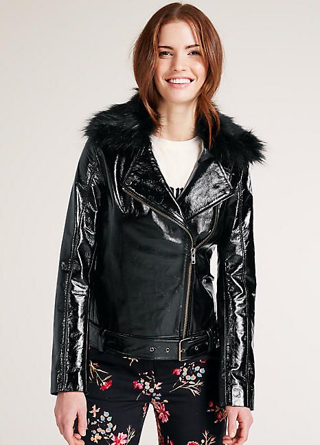 Heine Patent Leather Jacket with Faux Fur Collar | Faux fur collar .