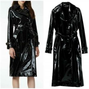 New Occident Women Outwear Lapel Lace Patent Leather Shiny Trench .