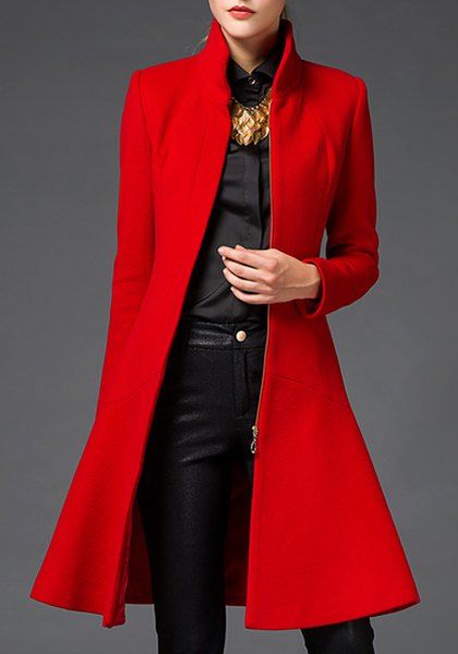 Stylish Stand-Up Collar Long Sleeve Flounced Solid Color Coat For .