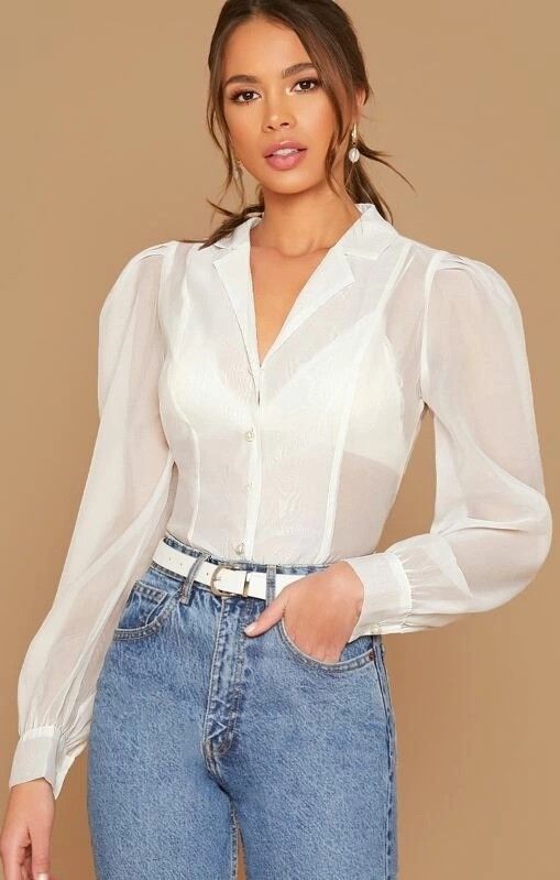 Button Front Gigot Sleeve Sheer Blouse Without Bra #Blouses .