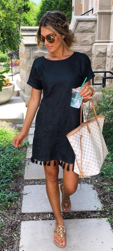 Summer #Outfits / Black Lace Dress + Gold Sandals #sandalsoutfit .