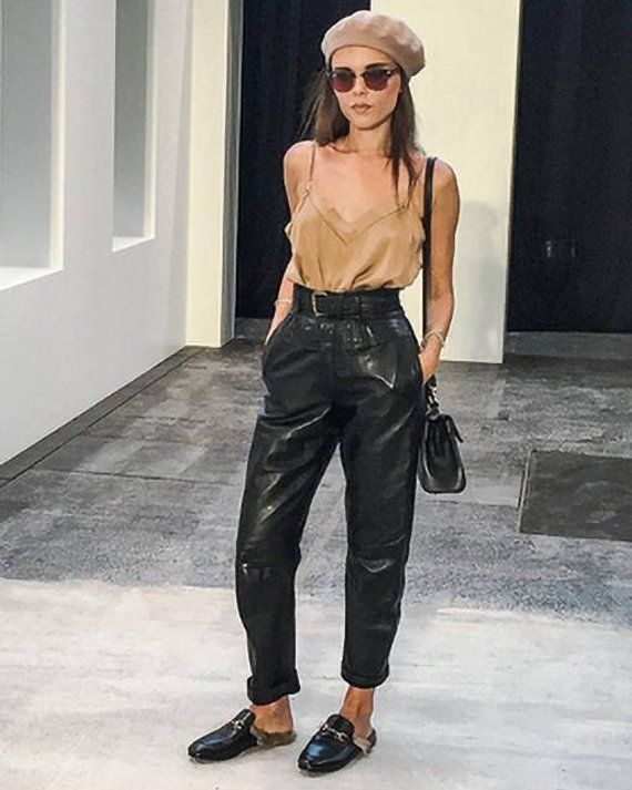 80s 90s High Waist Leather Skinny Ankle Pants, Tapered Leg Leather .