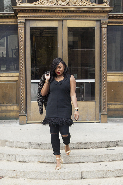 An Unexpected Holiday Party Outfit: Feathers and Denim | Kéla's Klos