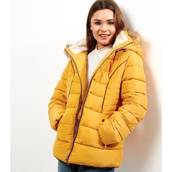 New Look Cameo Rose Yellow Faux Fur Trim Hooded Puffer Jacket ($63 .