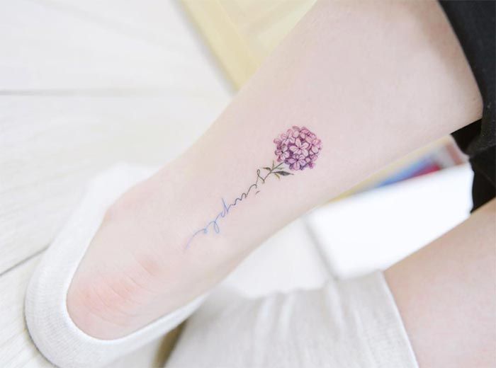 Ankle Tattoos Ideas for Women: Hydrangea Script Ankle Tattoo .