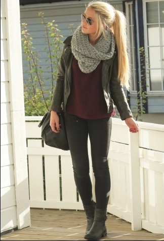 Stylish winter outfit. Infinity scarf, knit sweater, pleather .