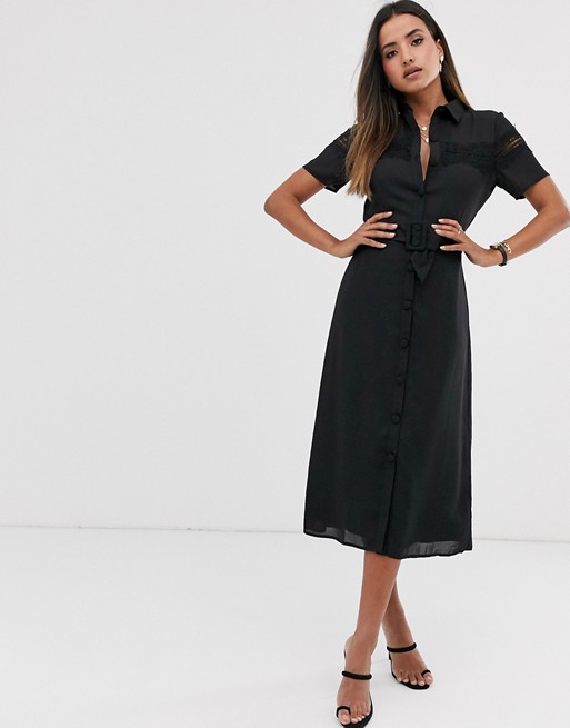 Fashion Union midi button down shirt dress with lace panel and .