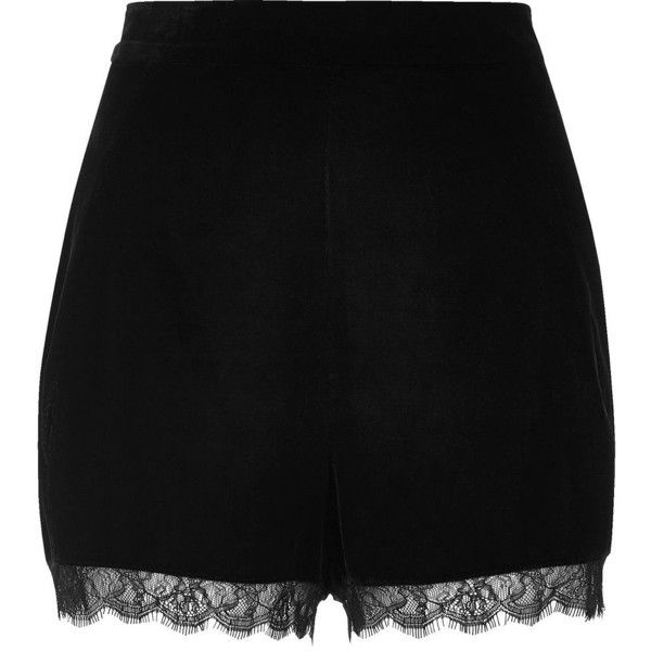 River Island Black velvet lace hem cocktail shorts ($35) ❤ liked .