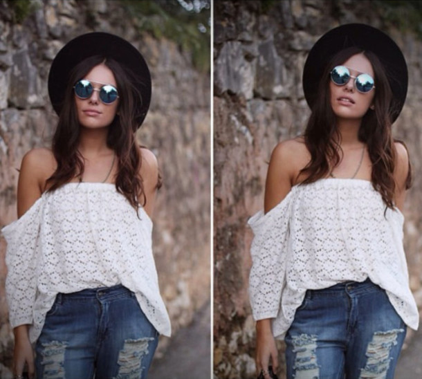 blouse, lace top, white top, white lace top, off the shoulder, off .