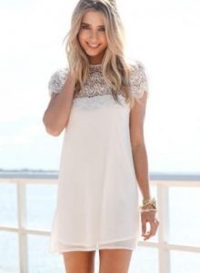 White Short Sleeve Dress with Scalloped Lace Hemline, Dress, lace .