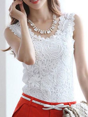 Spring Summer Cotton Women Round Neck Lace Sleeveless Blouses .