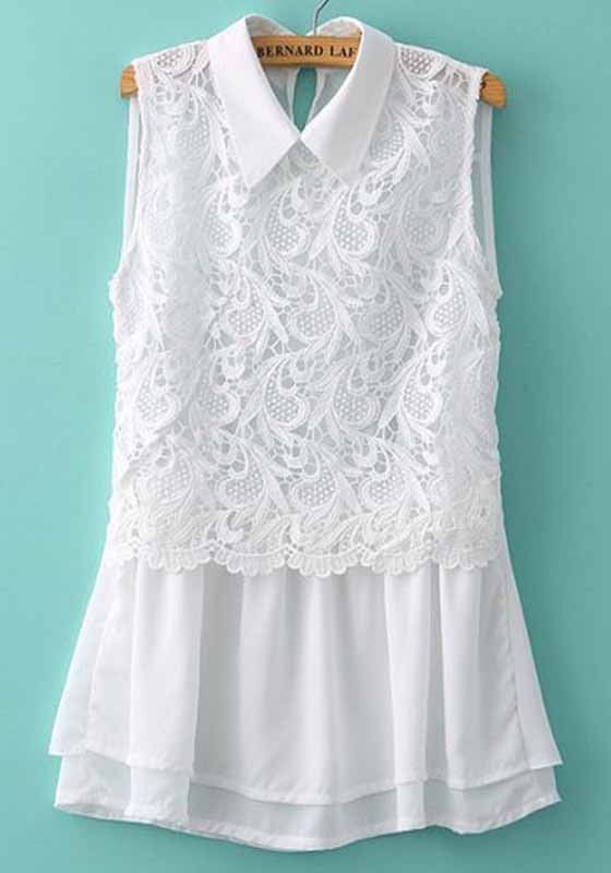 White Plain Lace Sleeveless Wrap Chiffon Blouse | Blusas femininas .