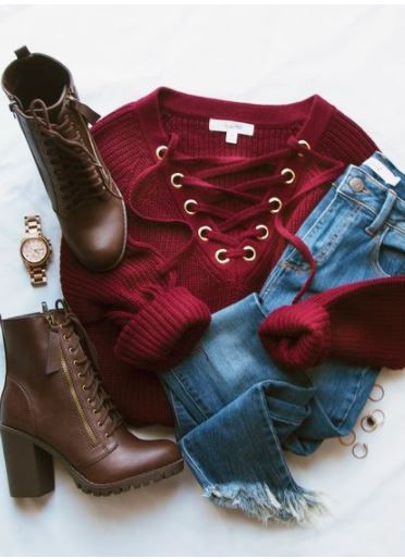 Elsa Lace Up Sweater - Burgundy | Cute winter outfits, Winter .
