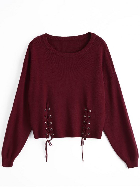 Loose Drop Shoulder Lace Up Sweater BLACK WHITE WINE RED .