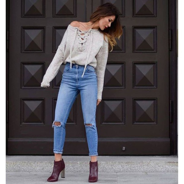 sweater, tumblr, nude sweater, lace up jumper, lace up, jeans .