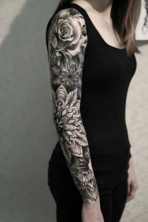 Flower And Leaf Full Sleeve Arm Tattoo For Women #Tattoo .