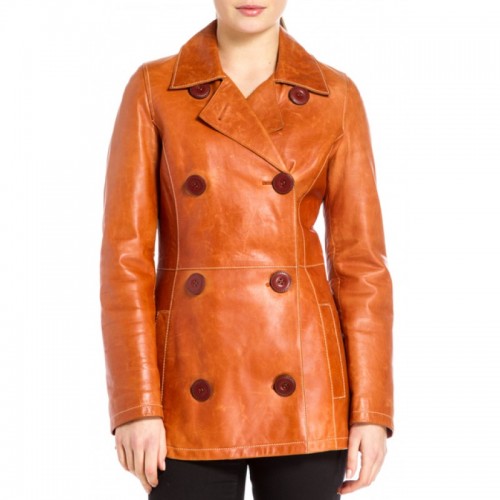 Leather Rider Women Brown Coat Double Breasted Leather Co