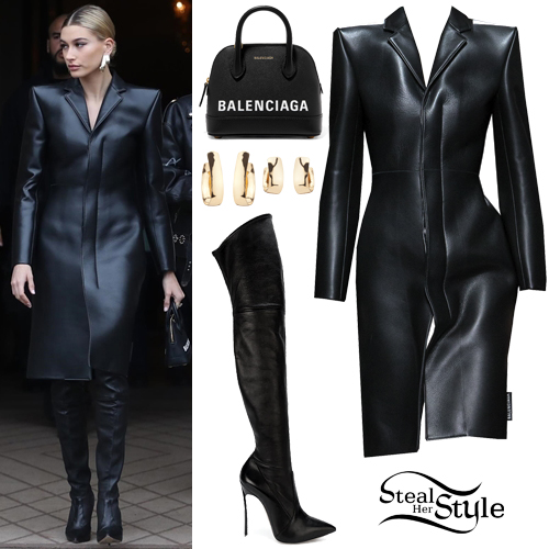 Hailey Baldwin: Leather Coat, Over-Knee Boots | Steal Her Sty