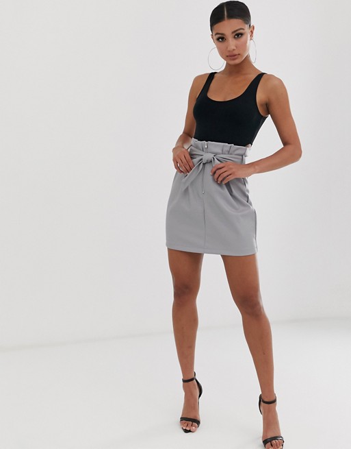 Missguided faux leather mini skirt with paperbag waist in gray | AS
