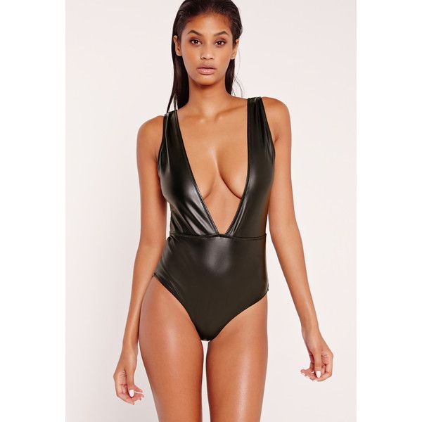 Missguided Faux Leather Plunge Swimsuit ($32) ❤ liked on Polyvore .