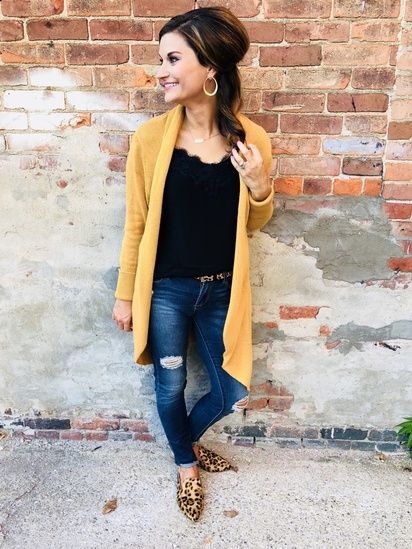 Casual fall outfit - mustard cardigan, lace cami, distressed jeans .