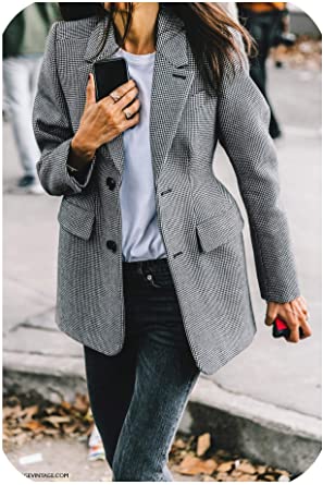 Plaid Women's Blazer Long Sleeve Lapel Collar Slim Coat Spring .