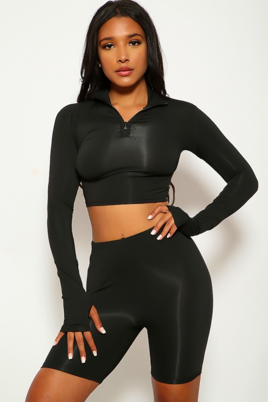 Black Long Sleeve Crop Top & Shorts Two Piece Outf