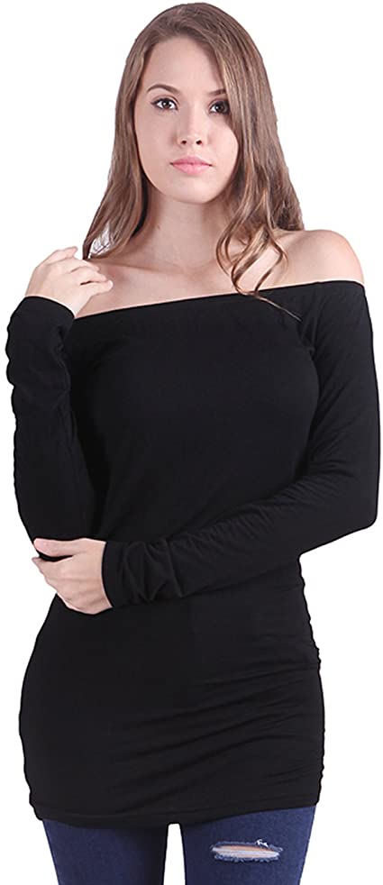 HDE Cotton Off Shoulder Tops for Women Black Long Sleeve Blouse .