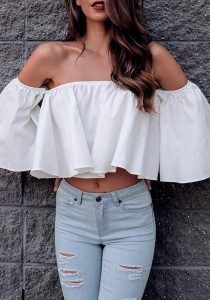 White Off-Shoulder Flare Crop Top | Crop top outfits, Top outfits .