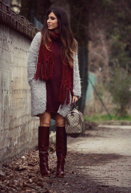 With dress, gray coat, printed bag and marsala leather boots .