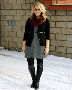 With black cardigan, gray dress and high boots | Casual plus size .