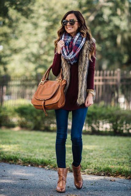 With plaid scarf, marsala shirt, fur vest and jeans | Fall outfits .
