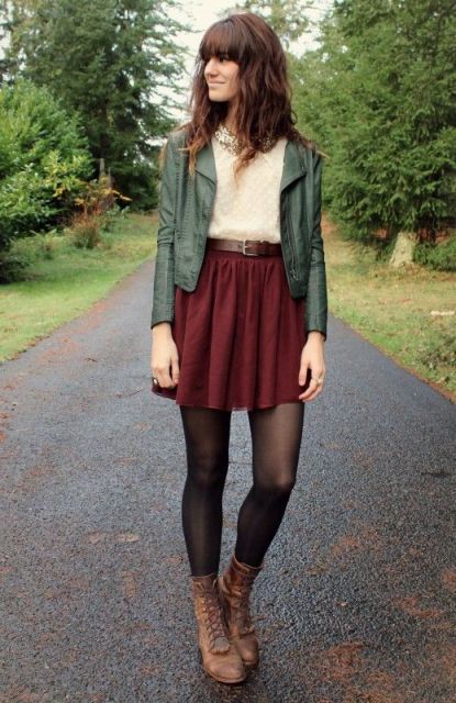 With marsala skater skirt, creme blouse and green army jacket .