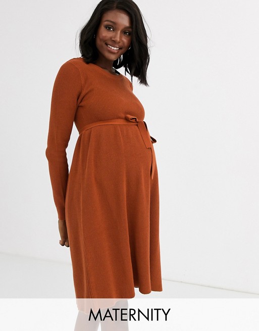 Mamalicious Maternity knitted sweater dress with belted waist in .