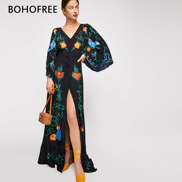 BOHOFREE Gyspy Bohemian Long Kimono Dress Floral Embroidery .